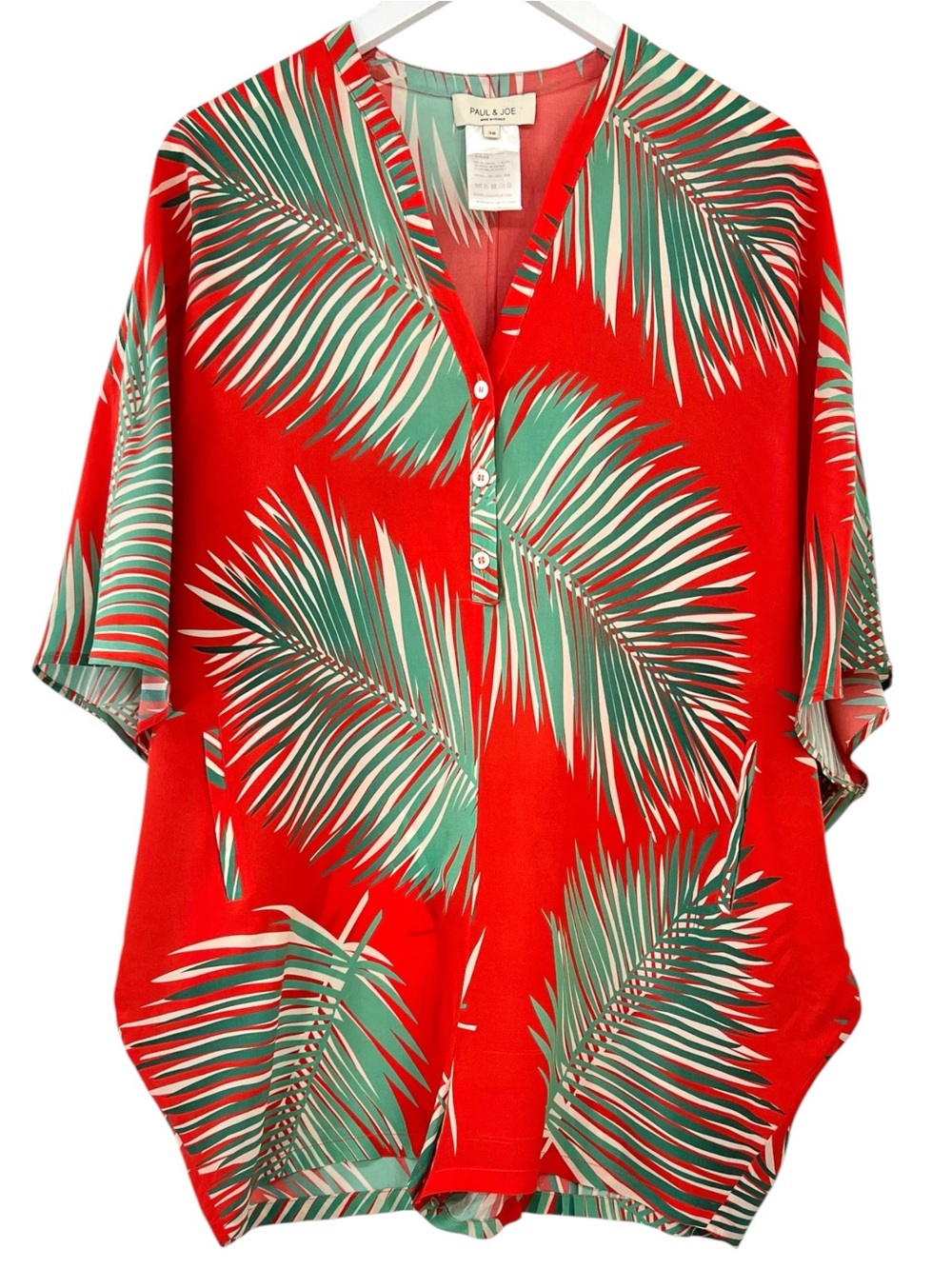 Paul & Joe Printed Playsuit - Red & Green Palm Leaf Print Loose Fit Silk Romper
